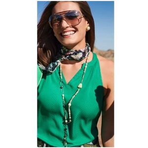 CAbi Spring Lush bright green split neck sleeveless shirt